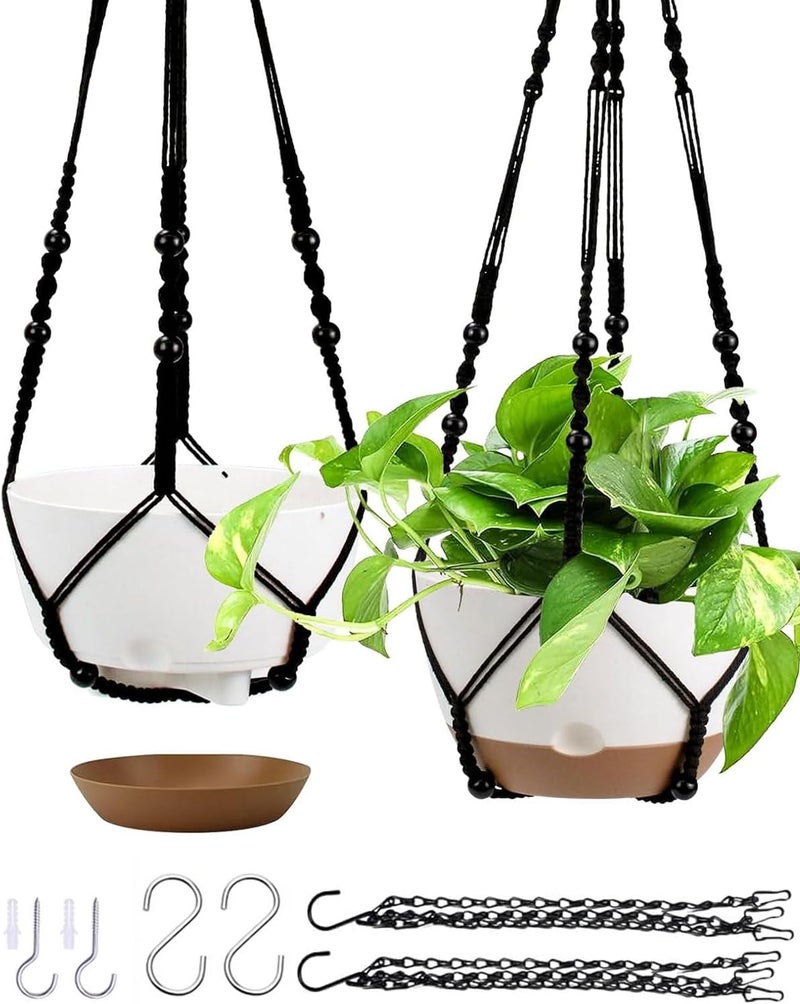 Koalaime Hanging Planter Self Watering 10 Inch, 2 Pack Indoor Outdoor Hanging Baskets, Hanging Flower Pots with Drainage Hole & 2 Kinds of Plant Hangers for Garden Home Decor(Black Hanger - Image 1